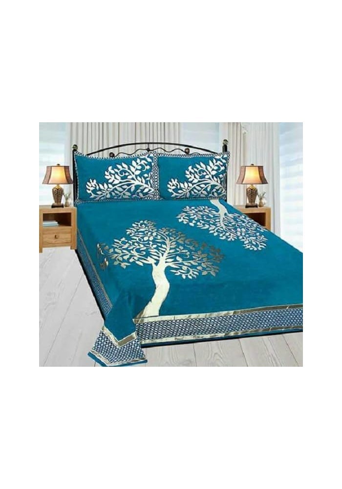 STARNSTYLE Chenille Velvet 500 TC King Size Bedsheet with 2 Pillow Covers - Tree Sky Blue - Image 1